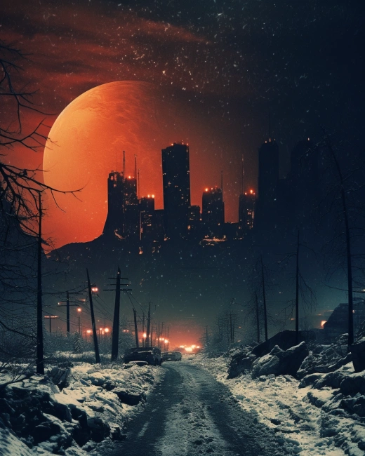 夜晚的冬日雪中，蘇聯失落小鎮街頭涌動著火山熔巖河，催人心動的1960年代復古拼貼。