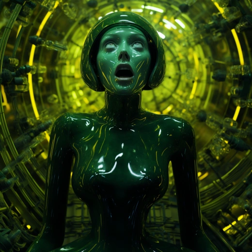 绿色塑料质地女性机器人：超现实的身体特征尽显魅力