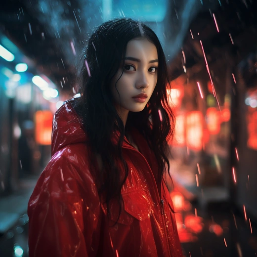 雨中翩翩起舞，紅衣中國女孩，倒影攝影，方塊圖案，32K超高清。