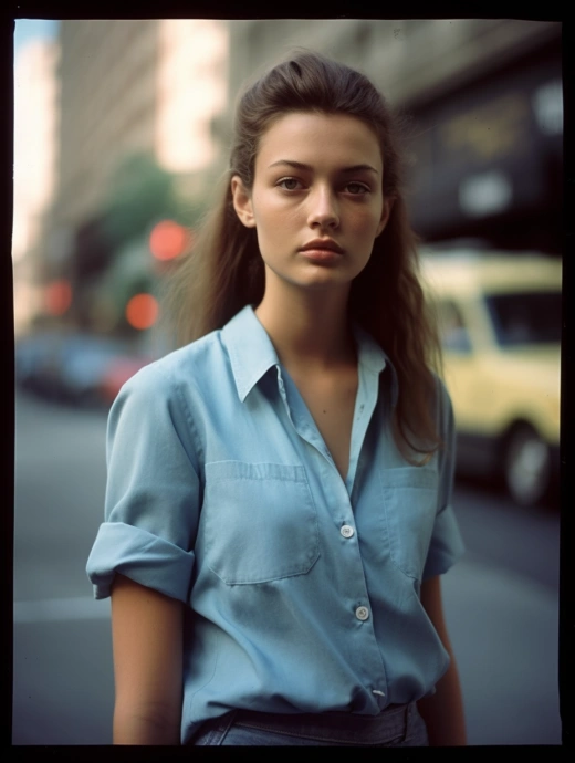纽约街头美丽的年轻模特，穿着浅蓝色衬衫