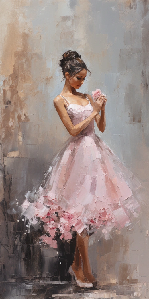 粉色芭蕾舞者在乡村风格画布上跳舞，半身近景油画肖像