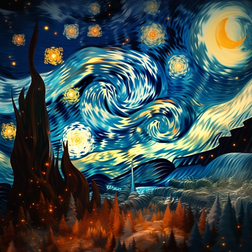 “星空之夜，梵高的畫作與雙重曝光攝影合而為一，琥珀色的奇跡展現于UHD高清輝煌”