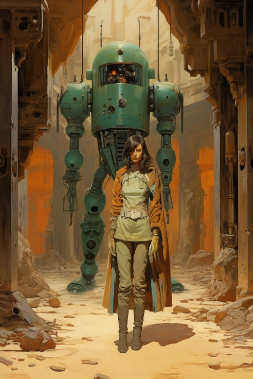 異星古都探險：1940年代復古科幻風格，一位穿著卡其色軍裝的人類女探險家與她金屬機器人保鏢一同探索一個龐大而古老的城市中心的外星宮殿內，宮殿地面上散落著生銹古怪的機械和那座已逝文化的破碎怪異雕像，唯一的光亮來自高高的窗口。
