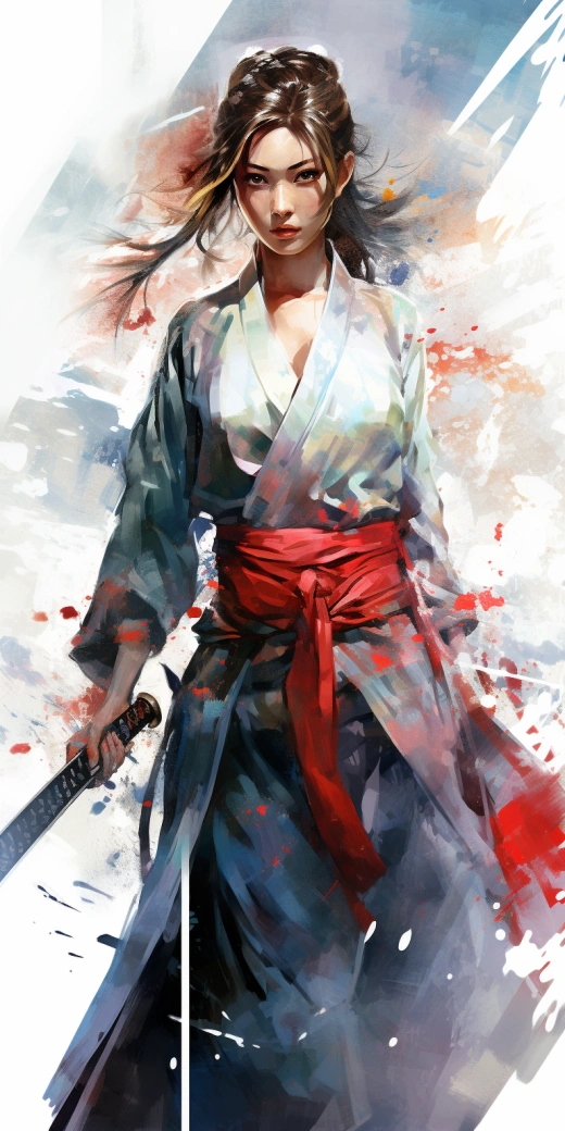 亞洲美女武術(shù)家，和風(fēng)扇與劍的連續(xù)動作謎題，水彩畫風(fēng)，8K HDR。