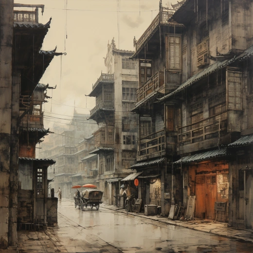 时光旅行，浓郁复古，柔和温暖色调，描绘老建筑与街道，带给中国人回到过去的感觉，细致雕刻，32K高清。