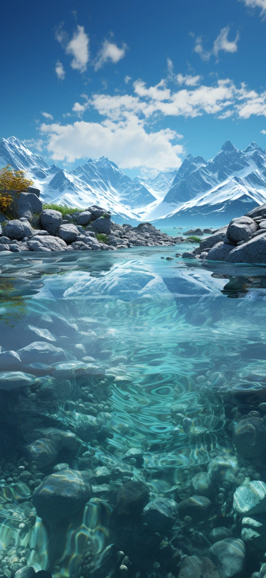 北方中國的水下截屏，高清圖像風格，低角度，山脈美景，白色和橙色，視頻蒙太奇，超現實海洋生物。
