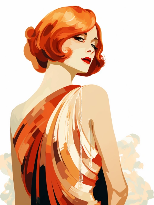 红发美女穿上20世纪20年代的礼裙，艺术装饰风格勾勒鲜明，纯白背景绽放迷人魅力。