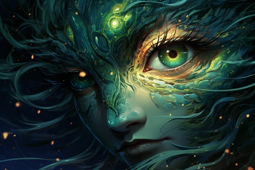 神秘細(xì)膩的奇幻插畫：炫酷部落電綠龍眼少女的特寫肖像，夢幻宇宙海洋和波瀾壯闊的宇宙浪涌，星光勾勒、天體、精妙細(xì)膩，以尾田榮一郎的風(fēng)格，鮮艷、生動(dòng)、影像感強(qiáng)，焦點(diǎn)清晰、毫無模糊，注重細(xì)節(jié)，立體感強(qiáng)，HDR、HDR，融合了服部尚史、Artgerm和皮克斯的風(fēng)格。