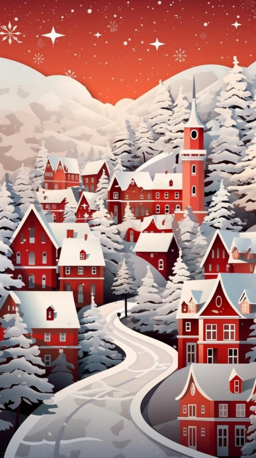紅白色的雪村，冬季背景為圣誕卡，以卡爾·克萊納風格的超詳細插畫。