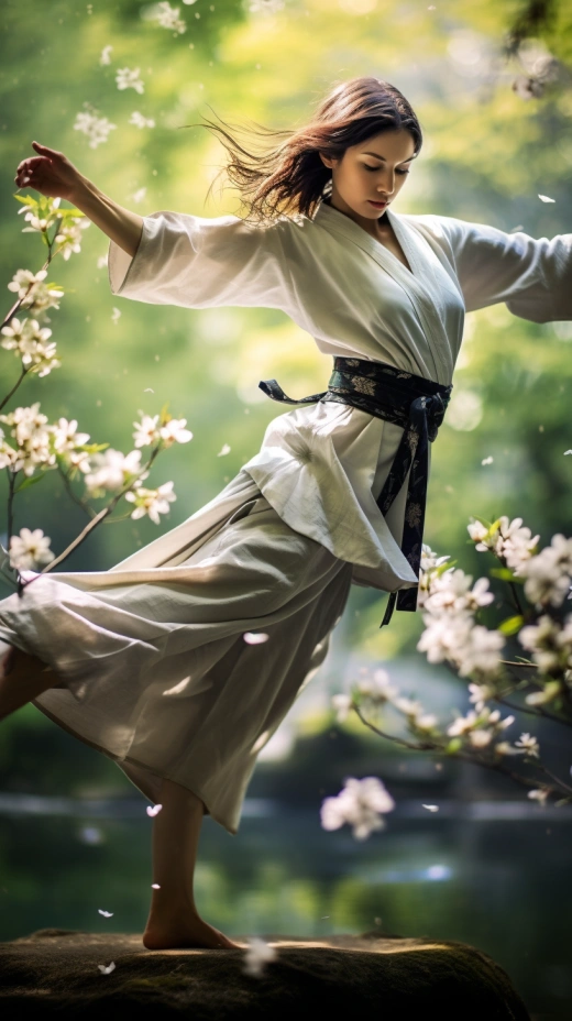 靜謐日本園中，女子優(yōu)雅精準(zhǔn)地練習(xí)武術(shù)：一幅傾心之瞬間