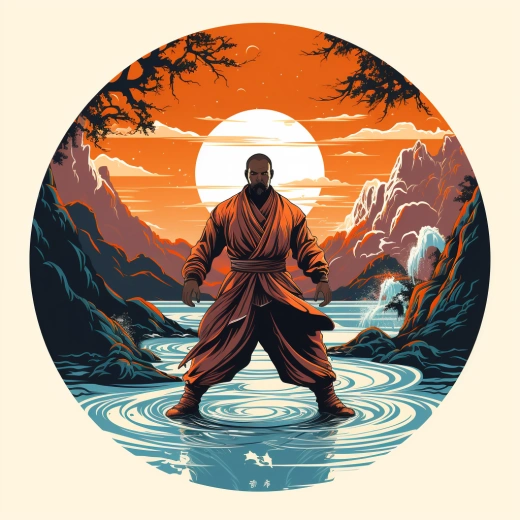 功夫大師場景的8位矢量徽標，白底獨立圓形厚線輪廓，細致描繪，橘色和青色調