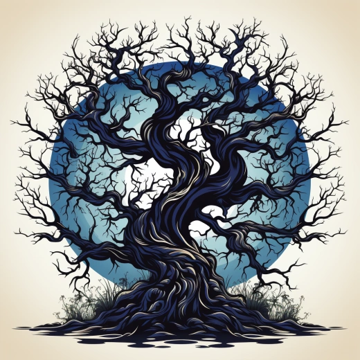 幽靈樹，扭曲的枝干，恐怖的氛圍，簡約而幽怨。白色背景，矢量圖，線條清晰，描繪出神秘而恐怖的景象。