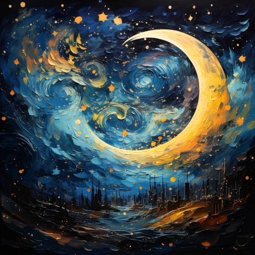 《星光璀璨，近觀彎月之抽象繪畫》