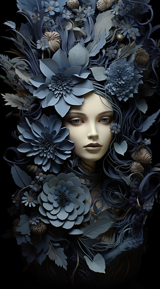 藍發花臉：維度奇幻，海之夢幻，絢麗肖像，花海浪花。