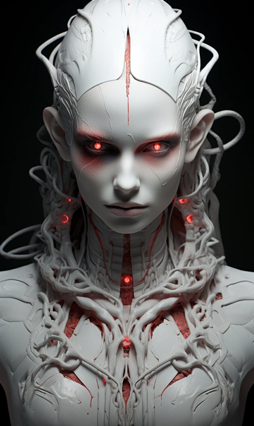詭異人像，紅眼，Zbrush風格，gothcore元素，創意角色設計，32K UHD，冷白和亮白，Kerem Beyit，怪誕之美。