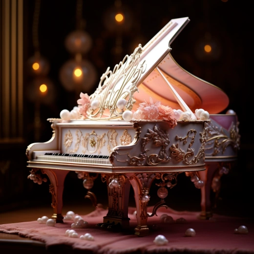 珍珠镶嵌的钢琴，侧面视角下的暗角摄影，浪漫洛可可风格，64K超高质量