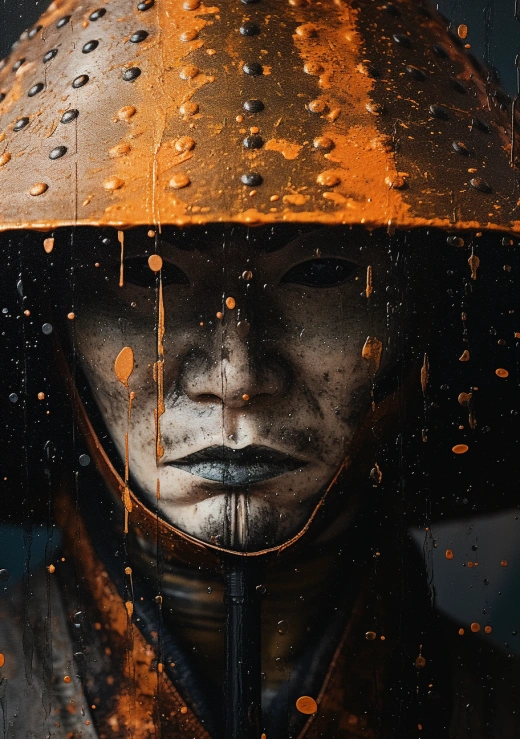 “戰(zhàn)國(guó)武士的黃金和銅色抽象玻璃效果與閃閃發(fā)光的紋理背景，與黑色和亮銀、水滴和紋理的極簡(jiǎn)抽象相輝映，明亮的銀色和橙色，原始金屬質(zhì)感，光面風(fēng)格，背景是日本大阪城”