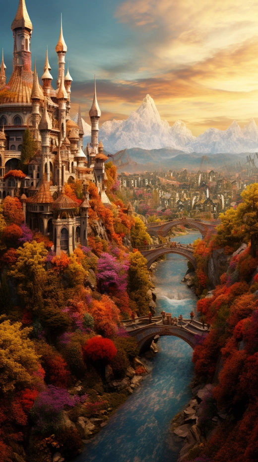 幻想科幻电影杰作，仙境瑞文戴尔与卡斯城，美丽迷人、色彩斑斓的城市风景，秋日色彩浩瀚。