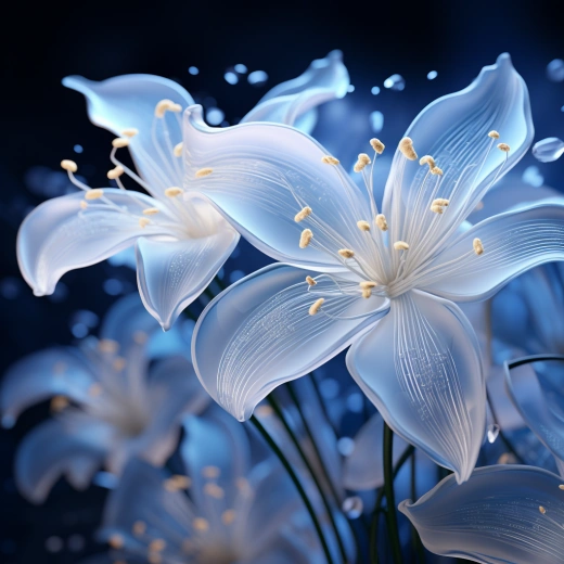 水藍百合花織物，精確超寫實墻紙，輕盈，透明，柔和的光線，極簡主義，淺色調，流動透明，迷人的色彩景觀，現代極簡主義，3D渲染，虛幻引擎5，工業設計，放大拍攝，等軸測視角，Blender，Octane渲染，C4D，16K。