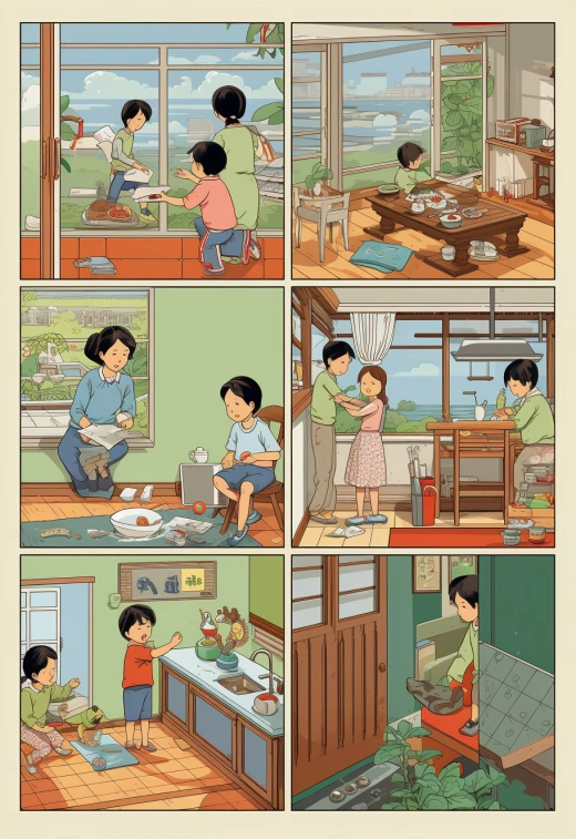 家務兒童樂，多面板合成，藍山畫風，漫畫藝術，玩具核心，圖像敘事。