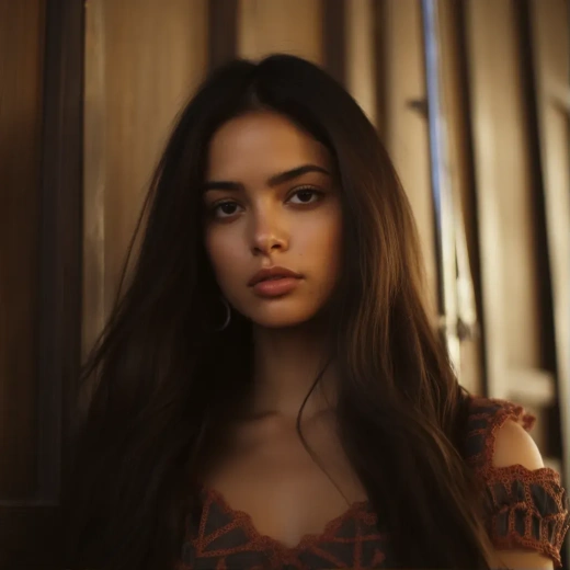 21歲墨西哥美女，時尚Gen Z風格，長發深色眼線，如Cierra Ramirez與Isabela Moner的完美結合。4K高清鏡頭拍攝，Netflix電視劇級別畫質，溫暖陽光氛圍。