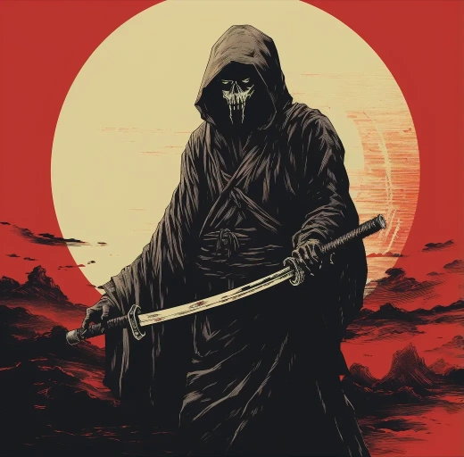 老专辑封面：死神持长剑，极简日式风格，死亡金属，色调屏幕，模板风格。