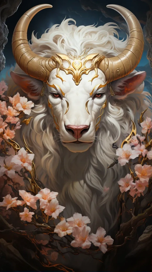 這個古老的生物是一只長著金色毛發的白色仙女牛，眼睛如黃金般閃耀，周圍環繞著粉色的云朵和花朵。珠寶首飾。艾索·安德魯斯。高清。