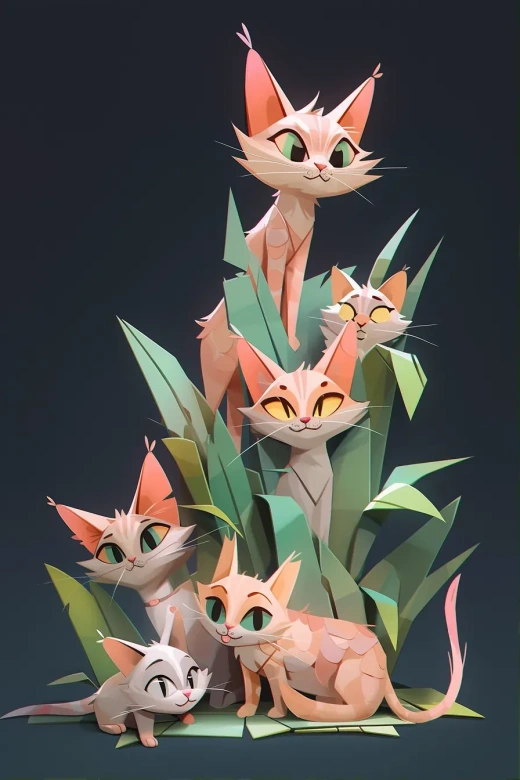可爱的红折纸猫与红折纸小猫在绿纸上的草地上嬉戏