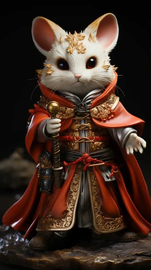 萌鼠拜年：紅袍金帶玉兔華服，Cute anthropomorphic mouse wearing red robe and gold belt, beautiful jade costume, wearing hanfu, Chinese culture, ultra-clear details, ultra-clear materials, close-ups, complex textures, octane rendering, ZBrush, Substance Painter. Artstati