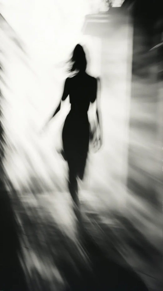 模糊運動中，模糊輪廓下的女人，風格如Tami Bone、Ando Fuchs、Jay DeFeo，捕捉到運動與自發性，淺灰色，Rollei Prego 90，紅外線膠片，強烈的粗糙顆粒噪點。