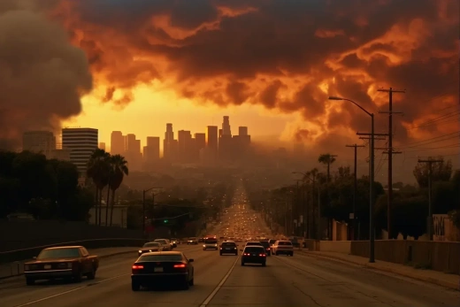 1990年代早期，洛杉矶Crips和Bloods暴乱期间的光影戏剧场景