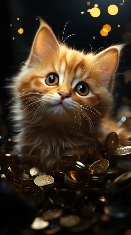 8k高清Portrait：金色硬幣灑落，可愛的四眼貓兒笑顏如花，皮克斯風格動畫場景