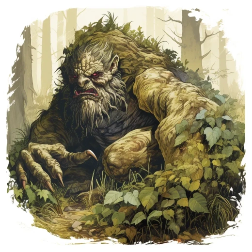 森林中的白色背景詳細(xì)插圖：巨魔形象