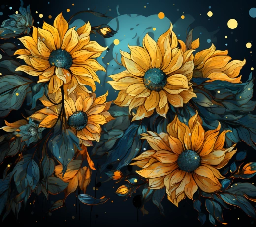 幻想藝術中的映入眼簾的金色比例構圖與水花涂飾的向日葵紋理