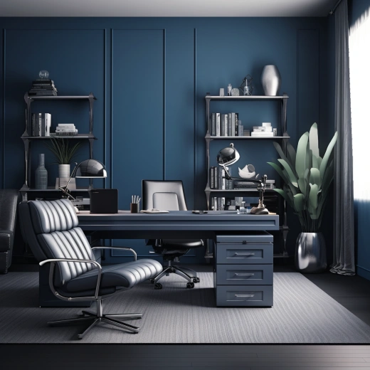 现代设计办公室，专业毛发学和恢复专家的思考者，石墨灰家具与蓝色和银色细节的完美融合。