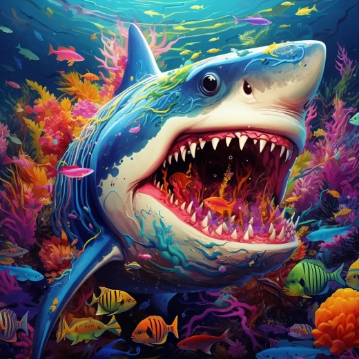 深海狂鯊：彩色魚群的迷幻之旅，8K超現實動物插畫