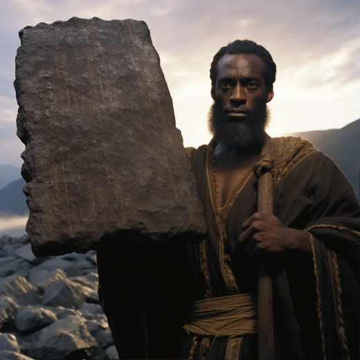 图片标题：1965年电影《十诫》中，黑皮肤的摩西手持两块石板的高清插图