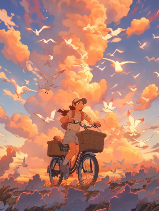 在夕陽下騎飛行自行車的宮崎駿天空飛動物