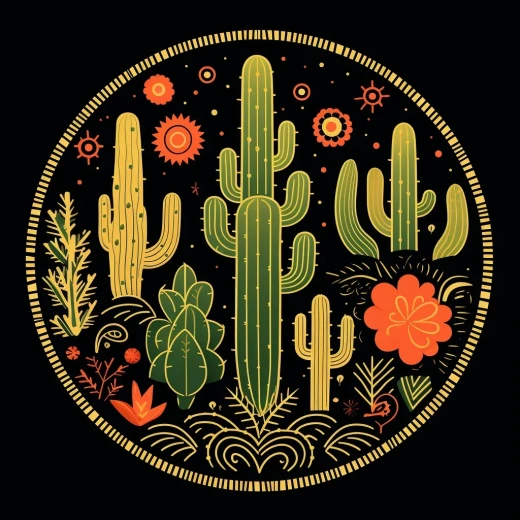 仙人掌與植物環繞的圓形圖案，黑白粗線條風格，Alejandro Flores作品，Tim Holtz靈感來源，Screenshots Saturday，Tarsila do Amaral設計。