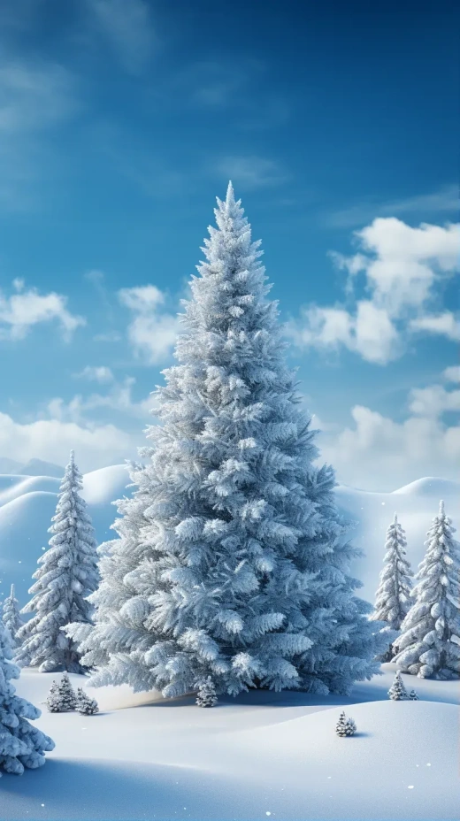 陽光下雪山的圣誕樹：專業調色，超現實呈現