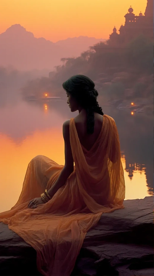 夕阳下的湖边美丽女子，身着丝绸华服，宛如Maxfield Parrish的油画，色彩斑斓的电影画面。
