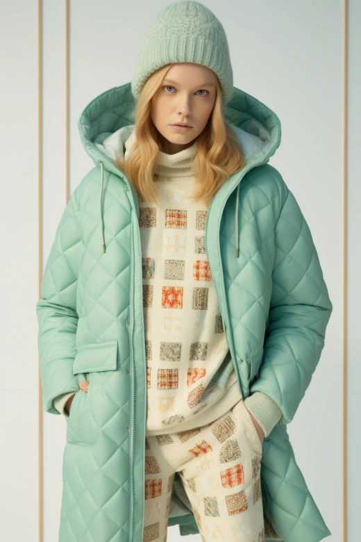 “現代北歐風格：綠色絨面雪衣與北歐花呢毛衣女郎，淺米色與藍綠色調的時尚運動美。”