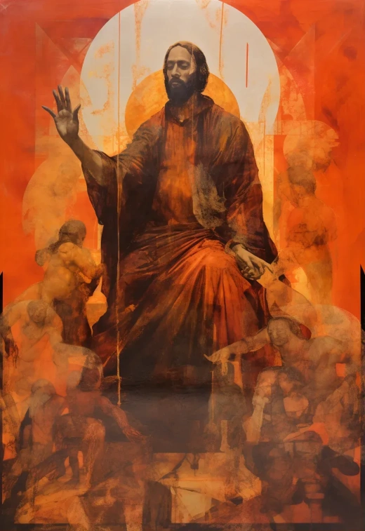 愛德華·湯普森2012年《Apocapaca》海報，象征主義抽象藝術風格，約瑟夫·羅素索橙金色調，多層次混合媒介，神秘主義視覺，手勢，透明/半透明介質。