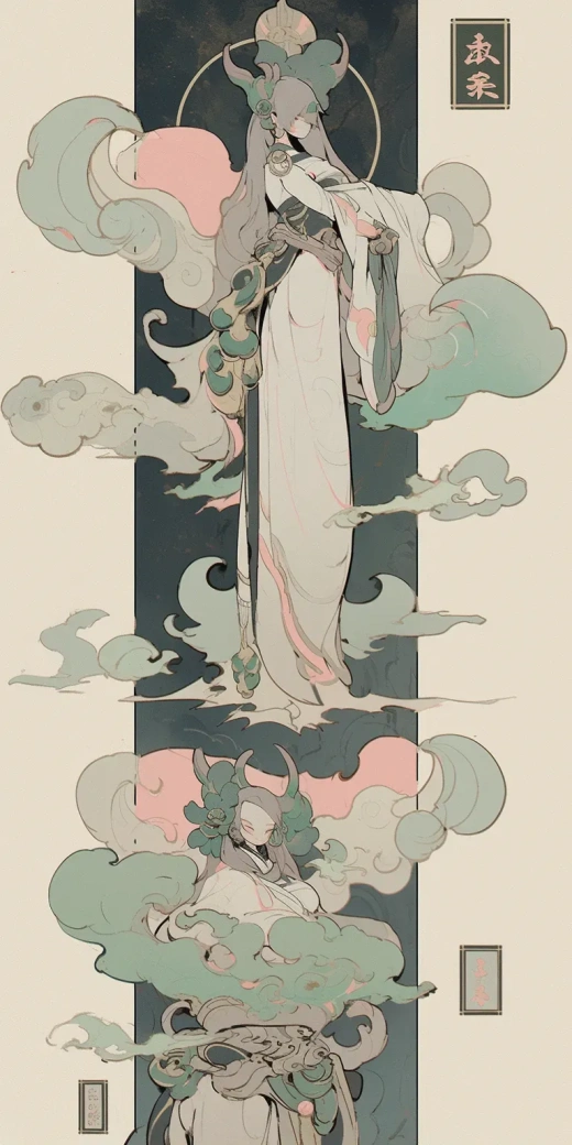古風日式美學：彩墨印度，禪意符號，淡雅色彩，粉白綠間，細節豐富。AR 1:2 尼吉5號，風格表現力十足。