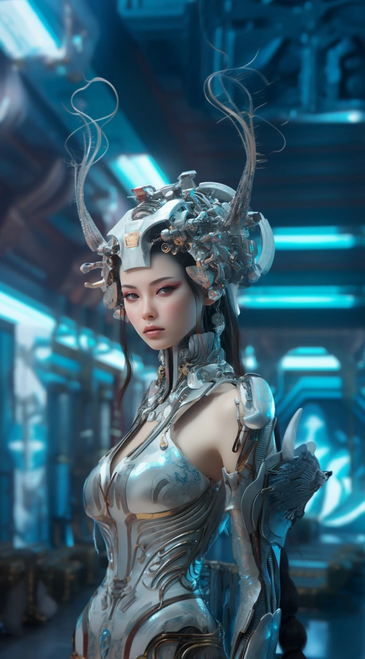 中式機(jī)械裝束下的中國(guó)女子：光彩奪目的32K UHD現(xiàn)實(shí)細(xì)節(jié)藝術(shù)
