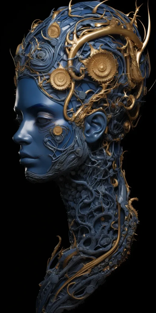 女性人體素描：貝殼頭紋理，深藍色背景