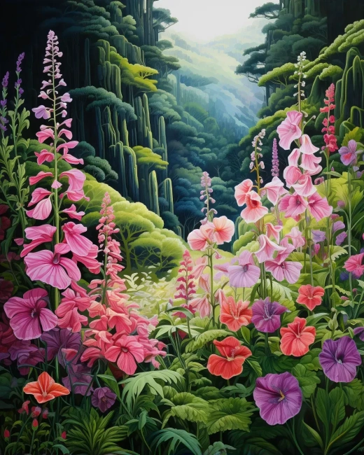 森林中的巨绣球花与蕨类植物：精灵环绕的田园风光，米开朗基罗的精细油画作品