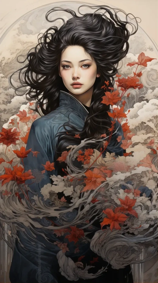 復古夢幻蠟筆動漫素描：霸氣十足的阿祖拉，魅力四溢的美女，浮世繪風格