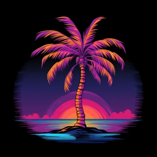 矢量插图：黑背景中的狐尾棕榈树，蒸汽波色彩方案