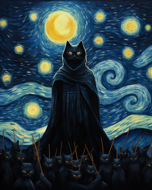 黑貓圍繞死神，星夜背景亮矚靈魂。